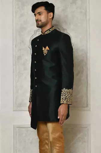 Bottle green dupion arts silk anghrakha design with hand work on collar and buttons indo western