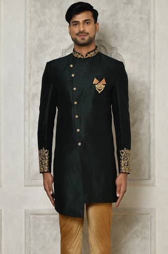 Bottle green dupion arts silk anghrakha design with hand work on collar and buttons indo western