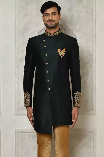 Bottle green dupion arts silk anghrakha design with hand work on collar and buttons indo western