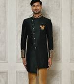 Bottle green dupion arts silk anghrakha design with hand work on collar and buttons indo western
