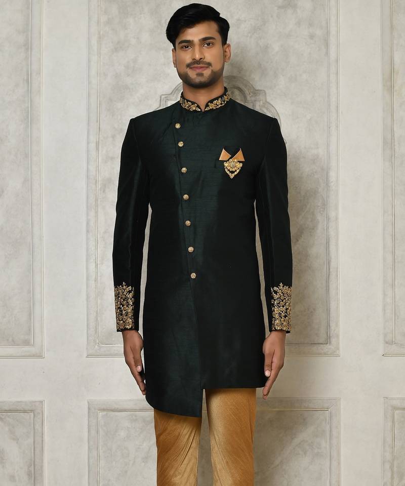 Bottle green dupion arts silk anghrakha design with hand work on collar and buttons indo western