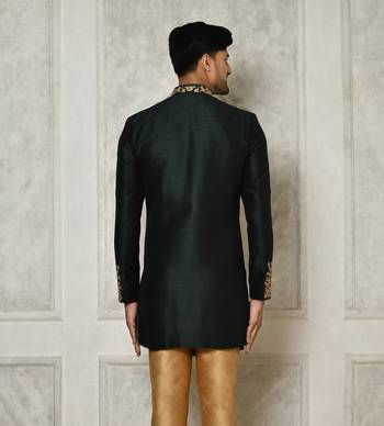 Bottle green dupion arts silk anghrakha design with hand work on collar and buttons indo western 5