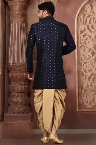 Navy blue anghrakha pattern work indo western