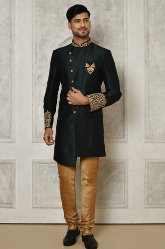 Bottle green dupion arts silk anghrakha design with hand work on collar and buttons indo western