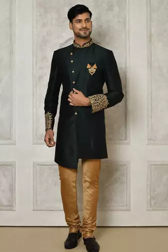 Bottle green dupion arts silk anghrakha design with hand work on collar and buttons indo western