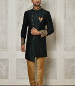 Bottle green dupion arts silk anghrakha design with hand work on collar and buttons indo western