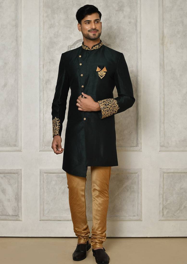 Bottle green dupion arts silk anghrakha design with hand work on collar and buttons indo western