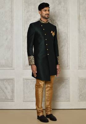 Bottle green dupion arts silk anghrakha design with hand work on collar and buttons indo western 2