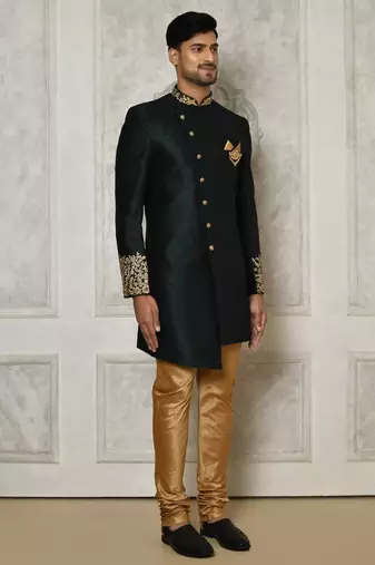 Bottle green dupion arts silk anghrakha design with hand work on collar and buttons indo western