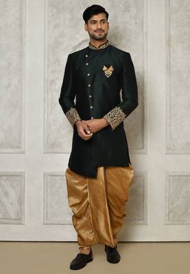 Bottle green dupion arts silk anghrakha design with hand work on collar and buttons indo western 1