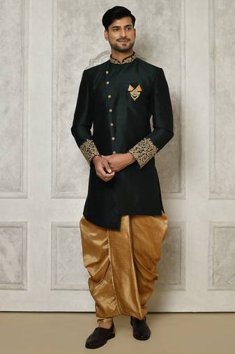 Bottle green dupion arts silk anghrakha design with hand work on collar and buttons indo western