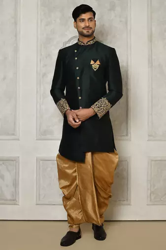 Bottle green dupion arts silk anghrakha design with hand work on collar and buttons indo western