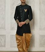 Bottle green dupion arts silk anghrakha design with hand work on collar and buttons indo western
