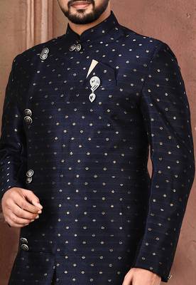 Navy blue anghrakha pattern work indo western 3