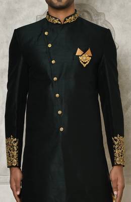 Bottle green dupion arts silk anghrakha design with hand work on collar and buttons indo western 2