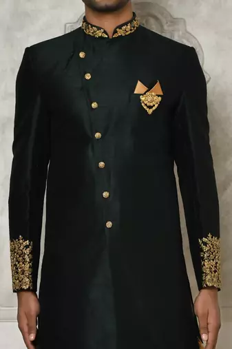 Bottle green dupion arts silk anghrakha design with hand work on collar and buttons indo western