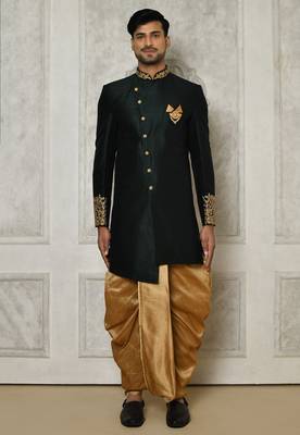 Bottle green dupion arts silk anghrakha design with hand work on collar and buttons indo western 3