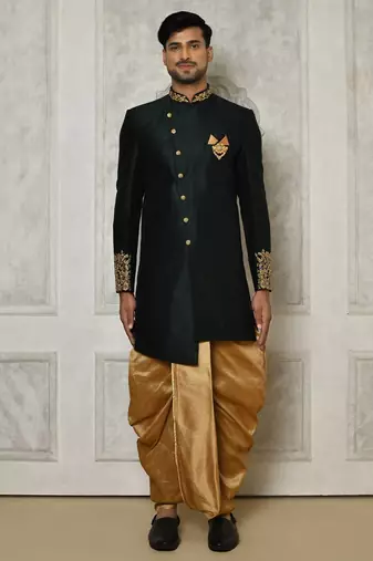 Bottle green dupion arts silk anghrakha design with hand work on collar and buttons indo western