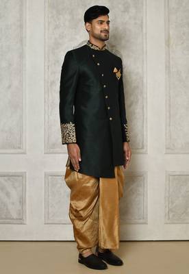 Bottle green dupion arts silk anghrakha design with hand work on collar and buttons indo western 4