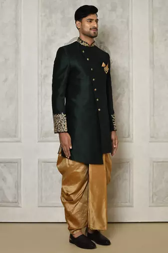 Bottle green dupion arts silk anghrakha design with hand work on collar and buttons indo western