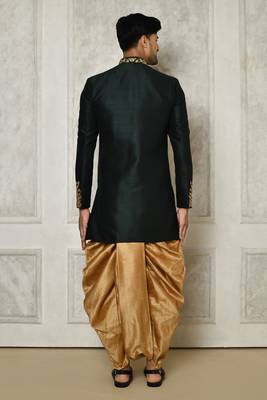 Bottle green dupion arts silk anghrakha design with hand work on collar and buttons indo western 5