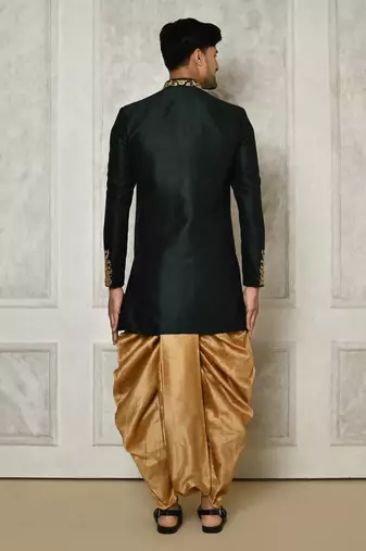 Bottle green dupion arts silk anghrakha design with hand work on collar and buttons indo western