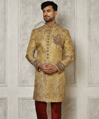 Gold straight pattern work on zari jamewar fabric with hand work on collar ,hand and front indo western 3