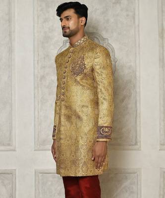 Gold straight pattern work on zari jamewar fabric with hand work on collar ,hand and front indo western 4