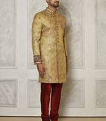 Gold straight pattern work on zari jamewar fabric with hand work on collar ,hand and front indo western