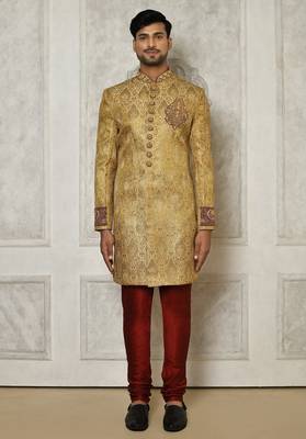 Gold straight pattern work on zari jamewar fabric with hand work on collar ,hand and front indo western 4