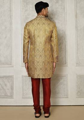 Gold straight pattern work on zari jamewar fabric with hand work on collar ,hand and front indo western 5