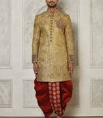 Gold straight pattern work on zari jamewar fabric with hand work on collar ,hand and front indo western