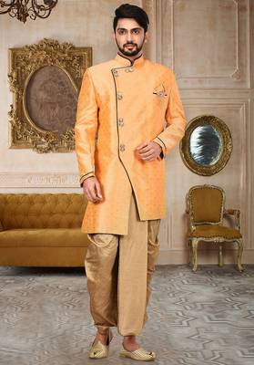 Orange anghrakha pattern work with mahroon pipe in indo western 1
