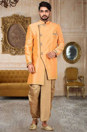 Orange anghrakha pattern work with mahroon pipe in indo western