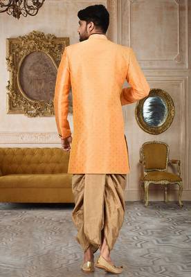 Orange anghrakha pattern work with mahroon pipe in indo western 2