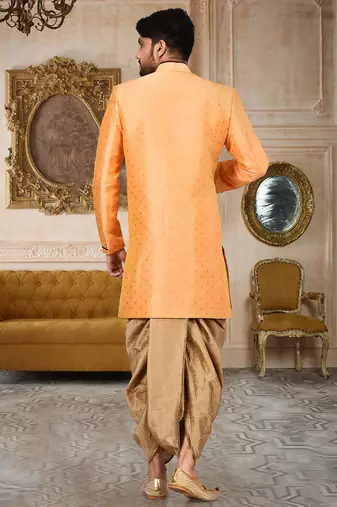 Orange anghrakha pattern work with mahroon pipe in indo western