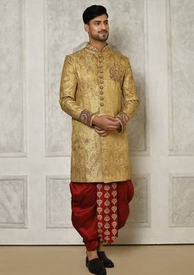 Gold straight pattern work on zari jamewar fabric with hand work on collar ,hand and front indo western 3
