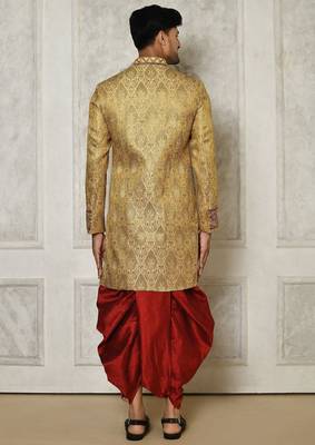 Gold straight pattern work on zari jamewar fabric with hand work on collar ,hand and front indo western 4