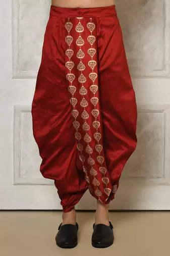 Gold straight pattern work on zari jamewar fabric with hand work on collar ,hand and front indo western