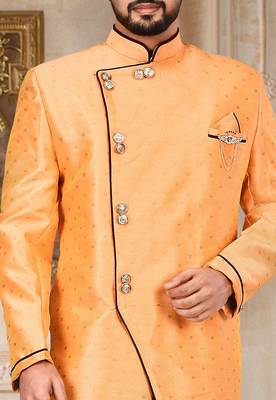Orange anghrakha pattern work with mahroon pipe in indo western 3