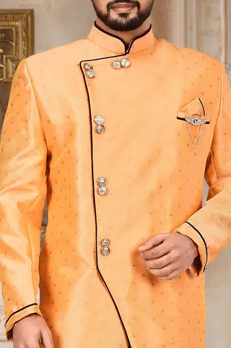 Orange anghrakha pattern work with mahroon pipe in indo western