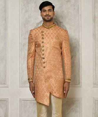 Peach anghrakha pattern work with hand work on collar and pocket indo western 1