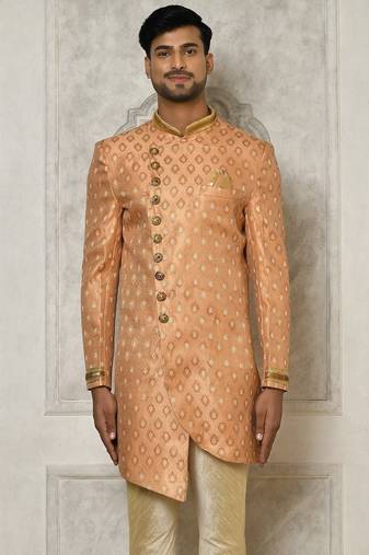 Peach anghrakha pattern work with hand work on collar and pocket indo western