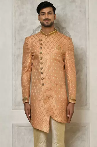 Peach anghrakha pattern work with hand work on collar and pocket indo western