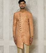Peach anghrakha pattern work with hand work on collar and pocket indo western
