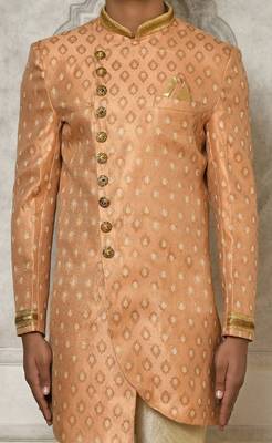 Peach anghrakha pattern work with hand work on collar and pocket indo western 2