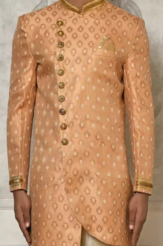 Peach anghrakha pattern work with hand work on collar and pocket indo western