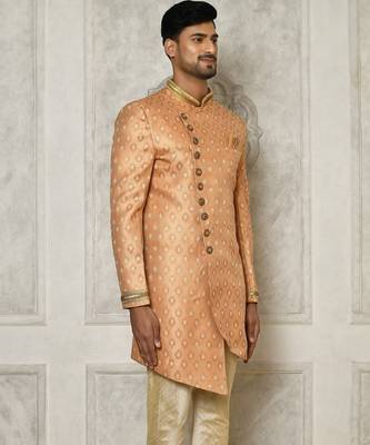 Peach anghrakha pattern work with hand work on collar and pocket indo western 3