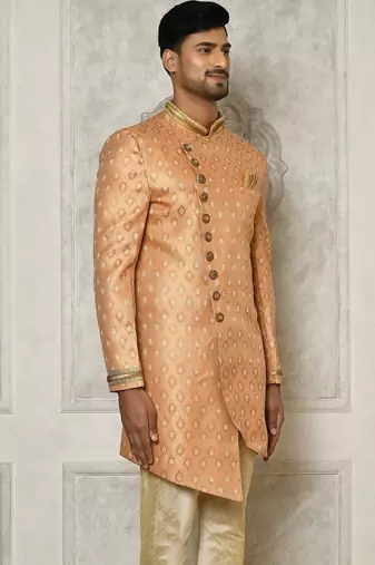 Peach anghrakha pattern work with hand work on collar and pocket indo western