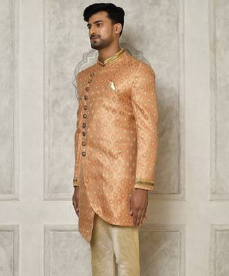 Peach anghrakha pattern work with hand work on collar and pocket indo western 4